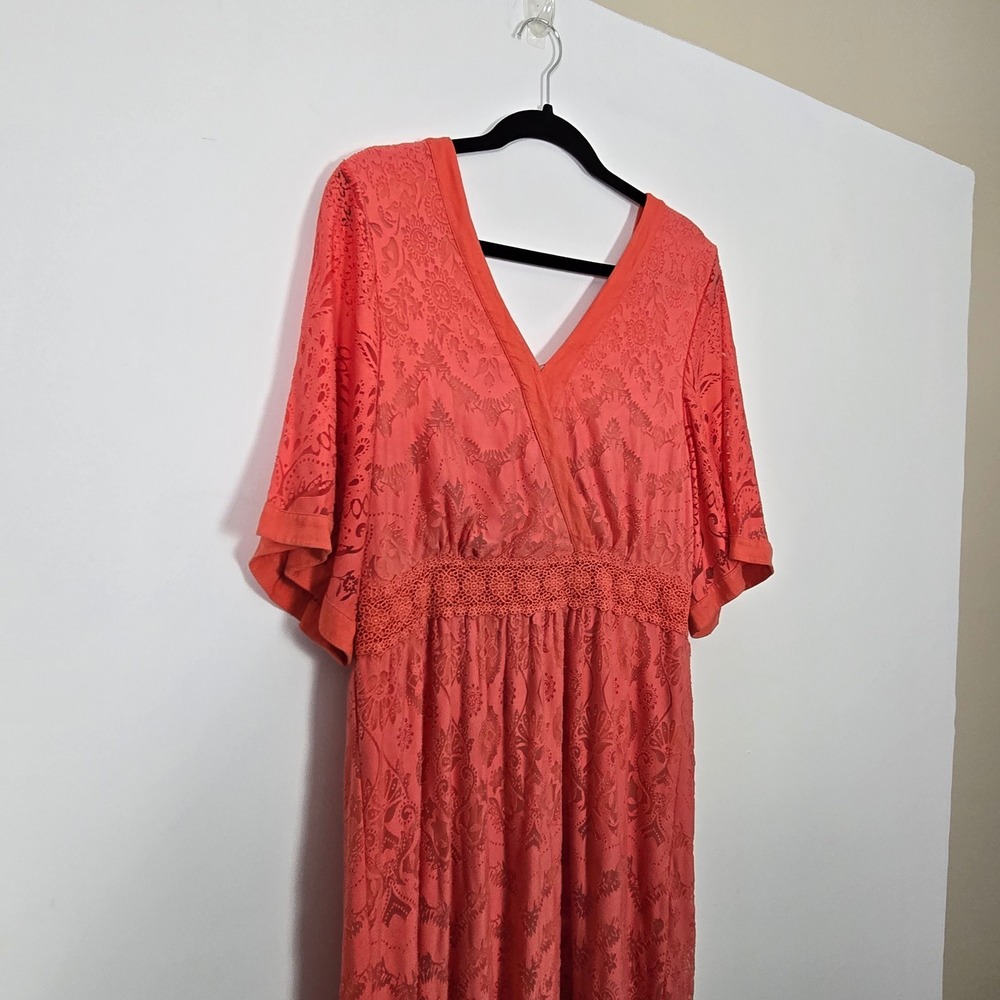 Farm Rio Anthropologie Maxi Dress Womens L Coral Lace Boho Tropical Whimsigoth - Picture 4 of 11